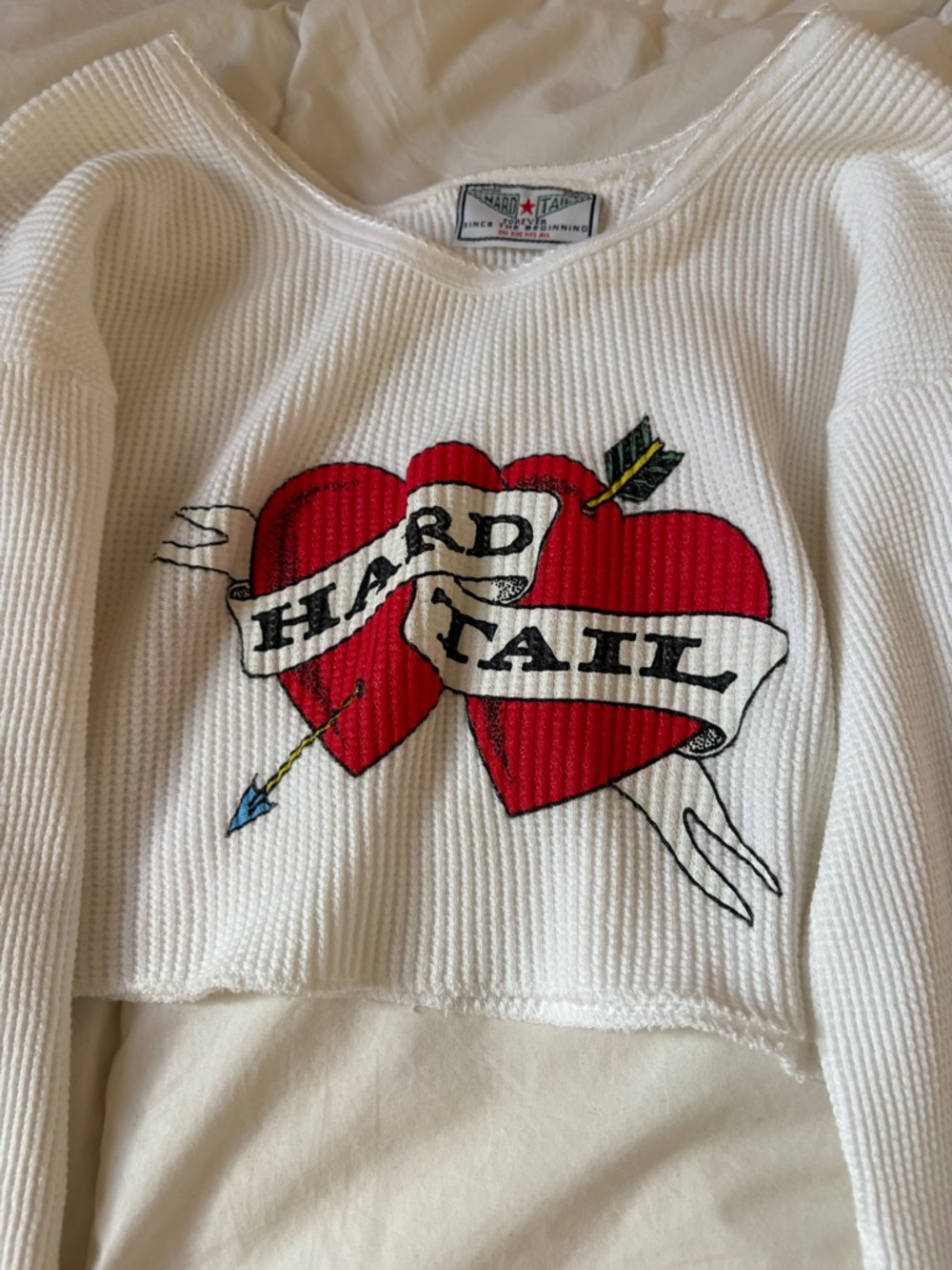 Hard Tail White Cropped Thermal Sweater with Red Heart Graphic and Arrow